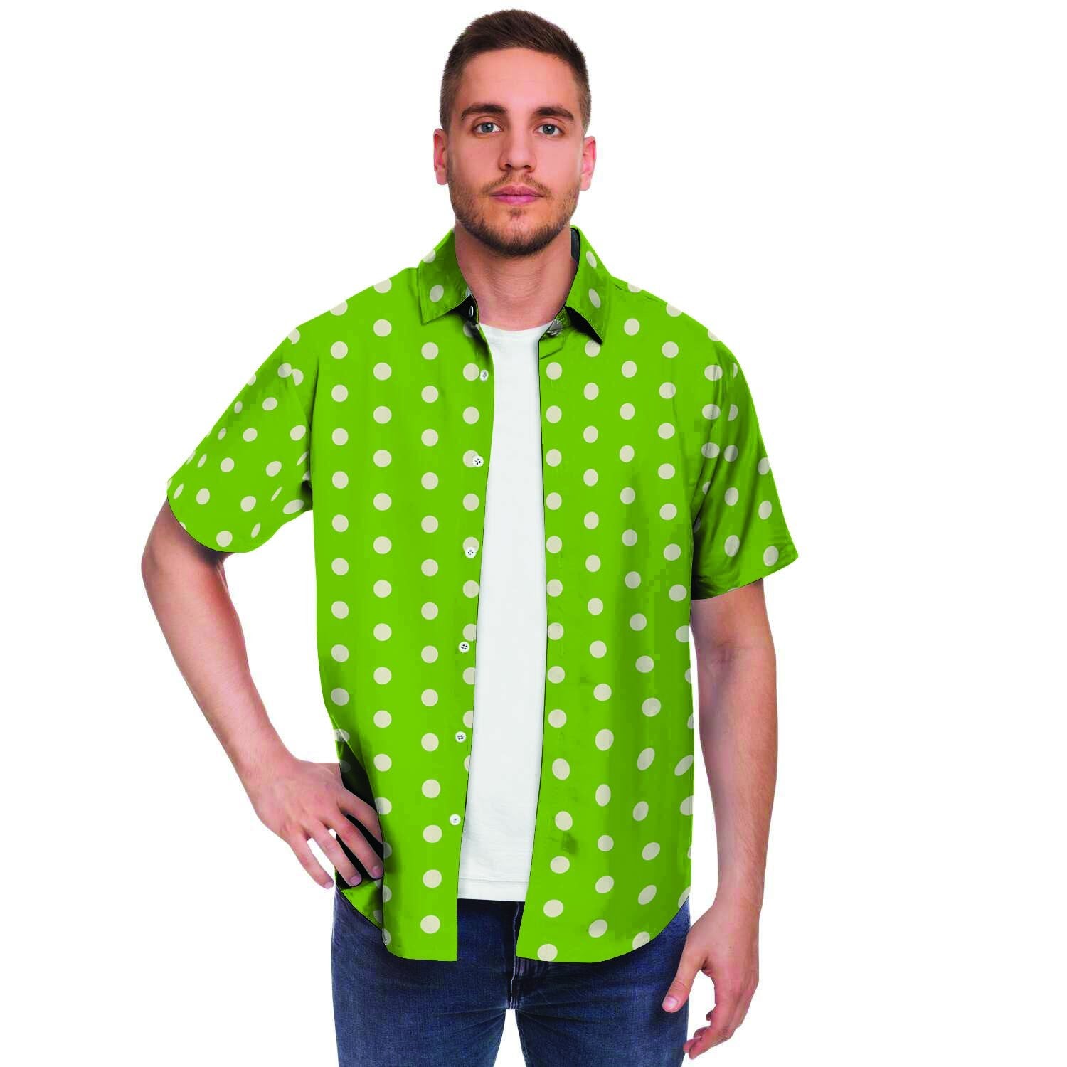 Green And White Polka Dot Men's Short Sleeve Shirt-grizzshop