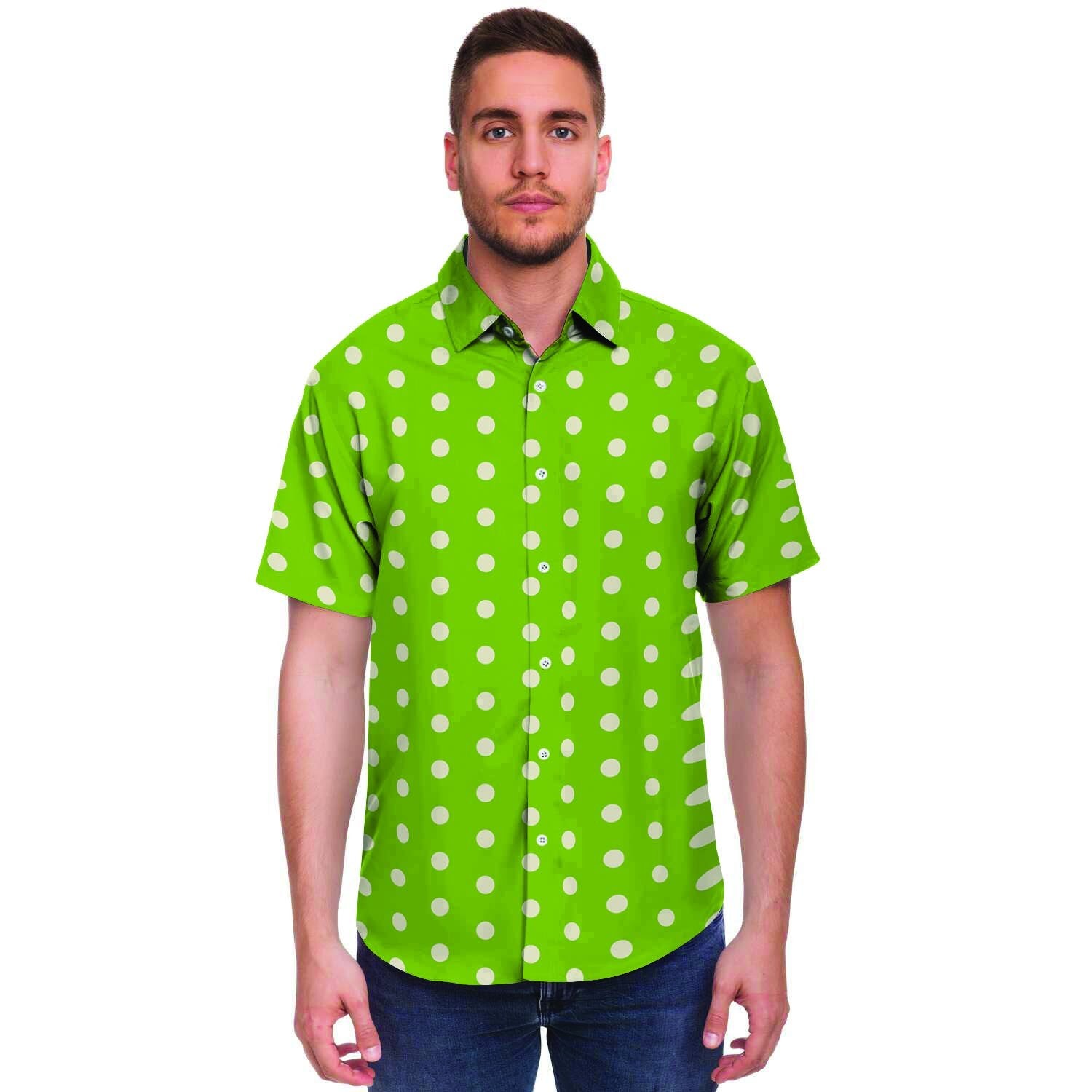 Green And White Polka Dot Men's Short Sleeve Shirt-grizzshop