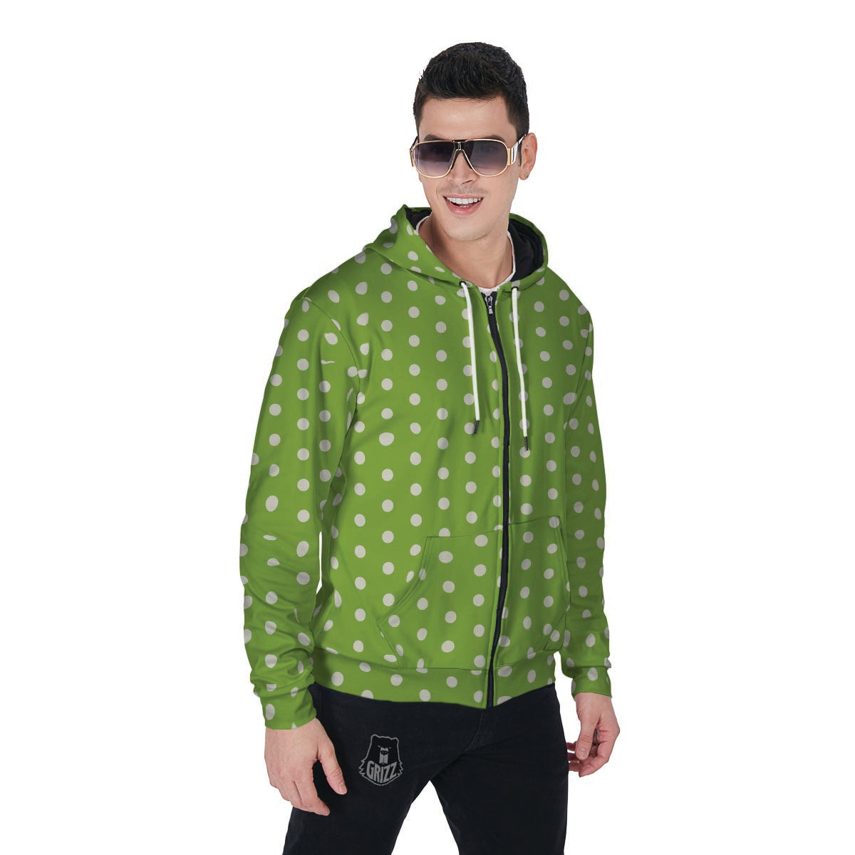 Green And White Polka Dot Men's Zip Up Hoodie-grizzshop