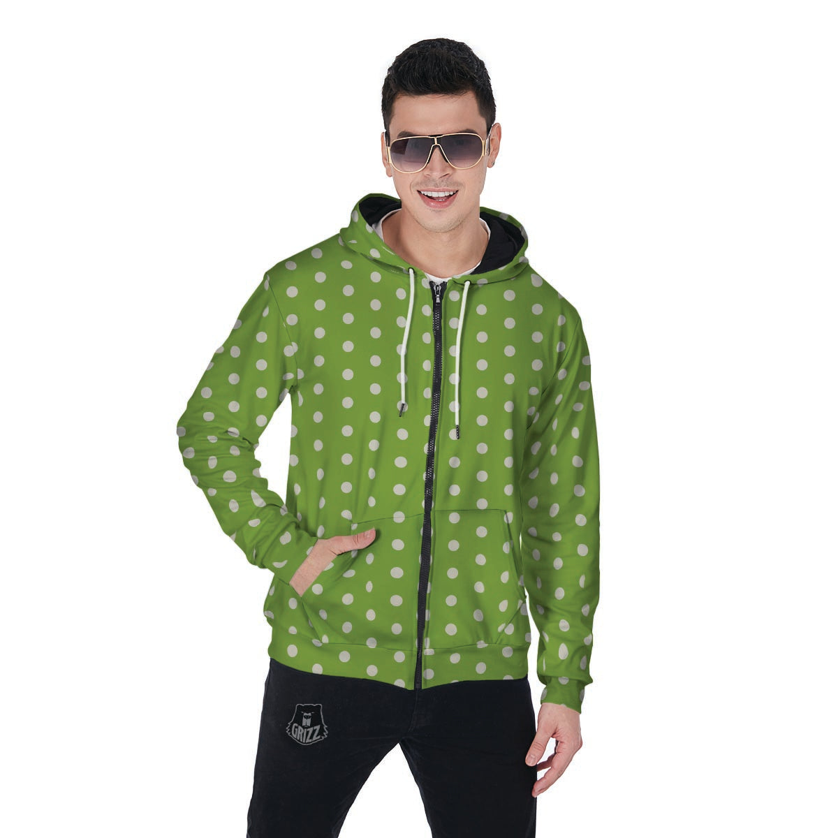 Green And White Polka Dot Men's Zip Up Hoodie-grizzshop