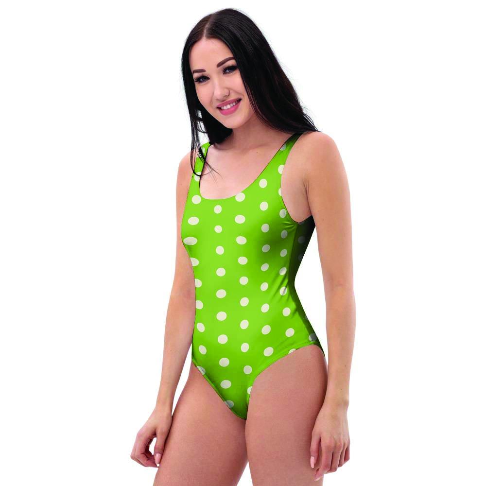 Green And White Polka Dot One Piece Swimsuite-grizzshop