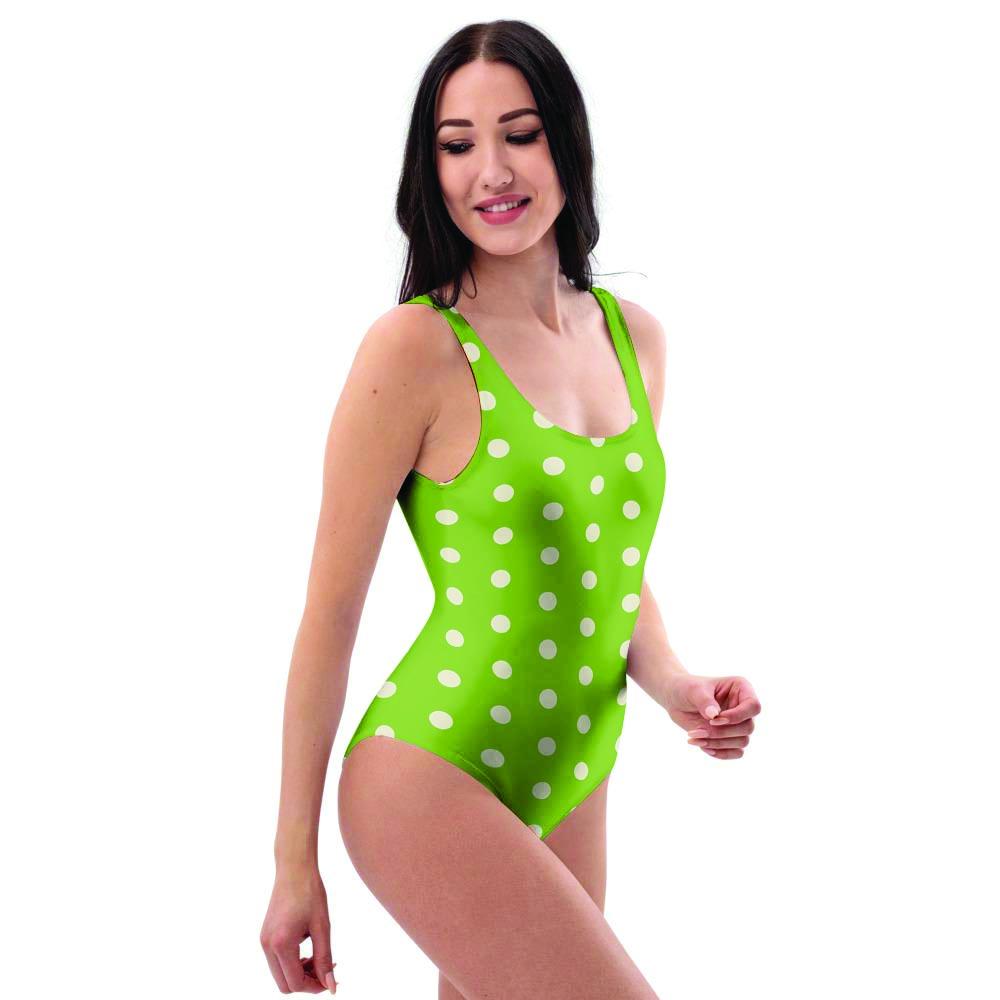 Green And White Polka Dot One Piece Swimsuite-grizzshop