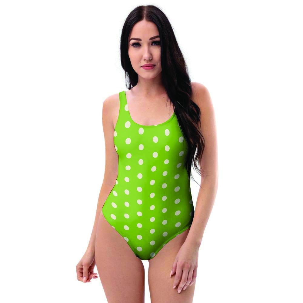 Green And White Polka Dot One Piece Swimsuite-grizzshop