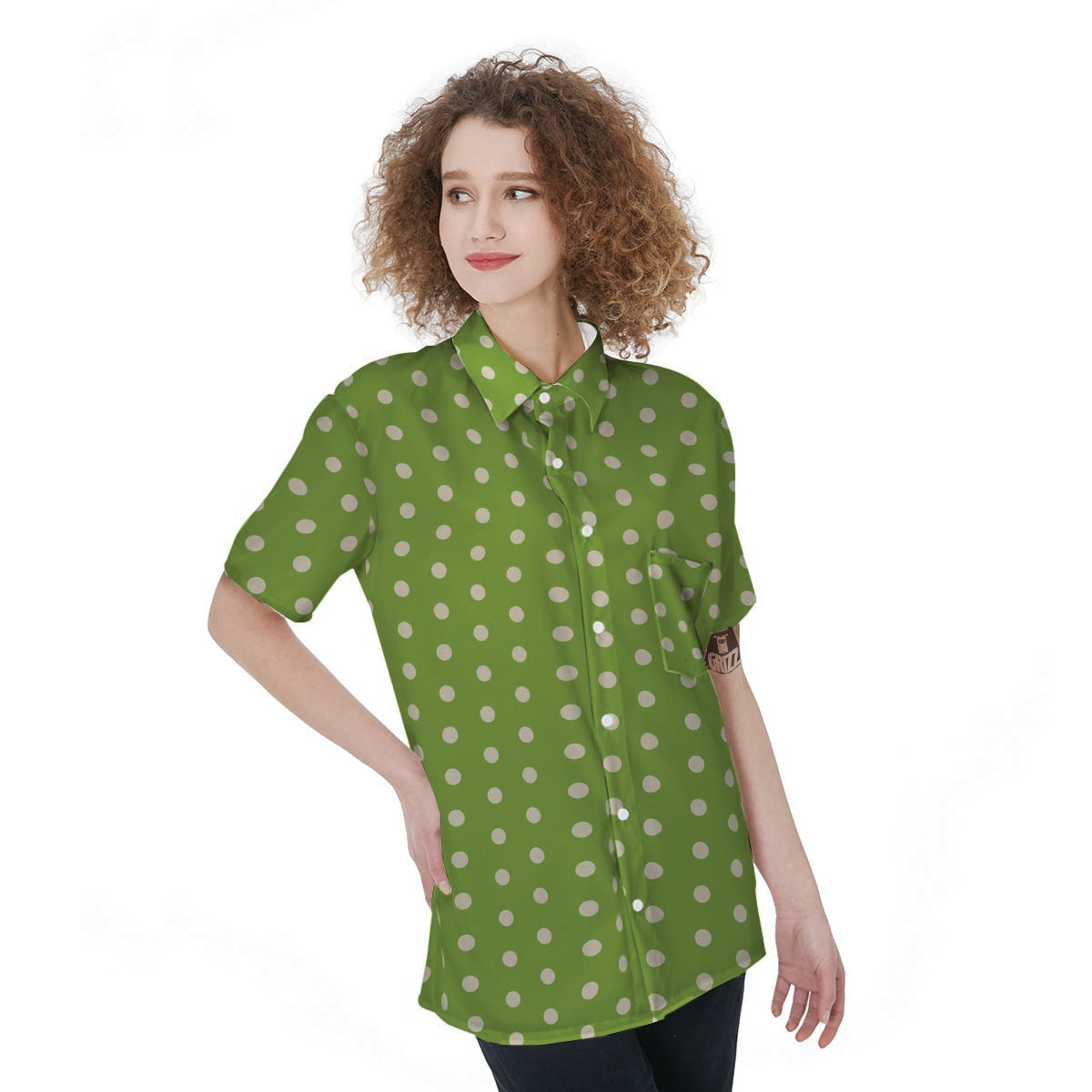 Green And White Polka Dot Women's Short Sleeve Shirts-grizzshop