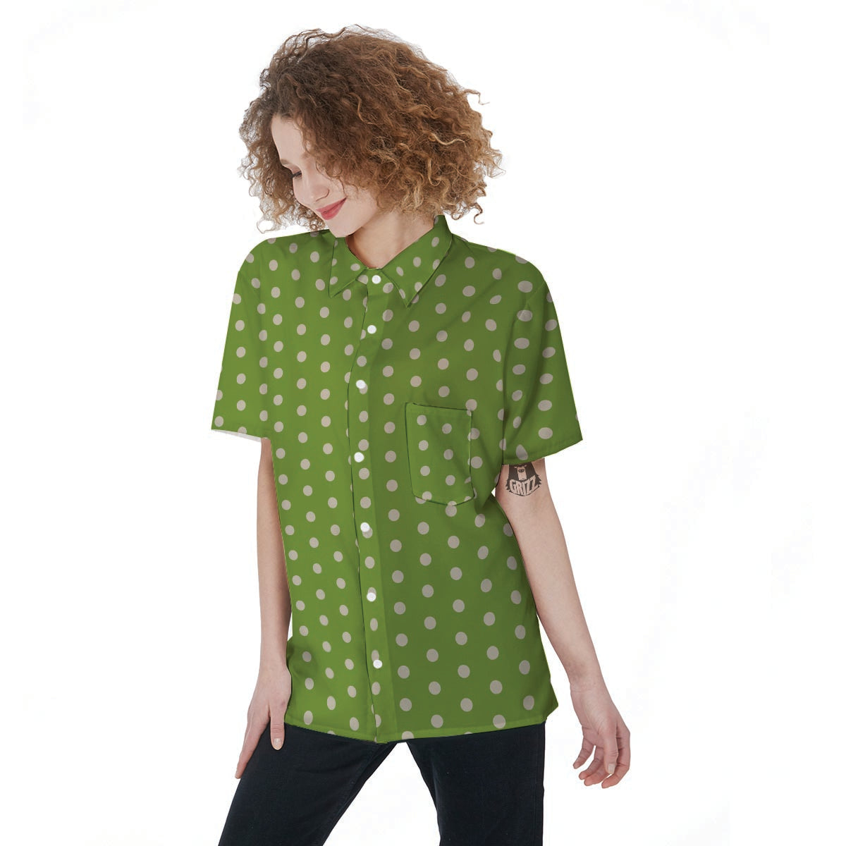 Green And White Polka Dot Women's Short Sleeve Shirts-grizzshop
