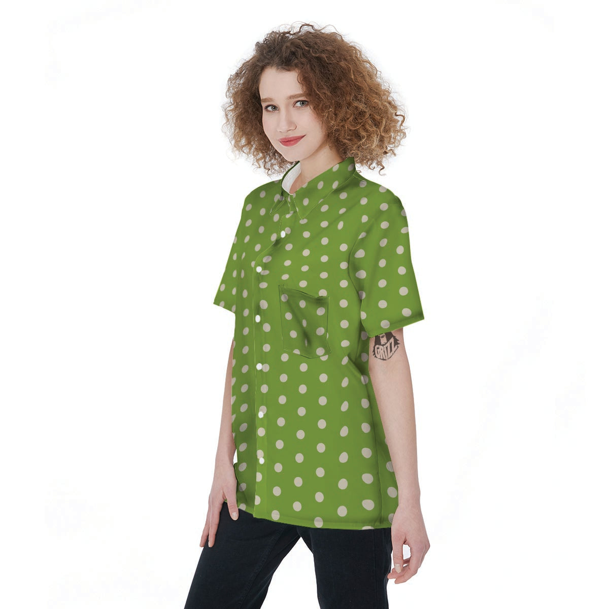 Green And White Polka Dot Women's Short Sleeve Shirts-grizzshop