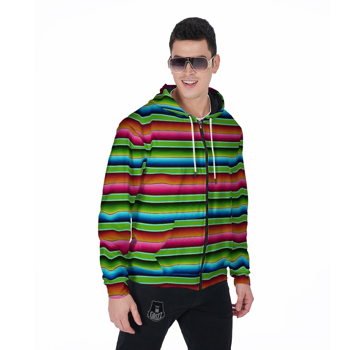 Green Baja Serape Men's Zip Up Hoodie-grizzshop