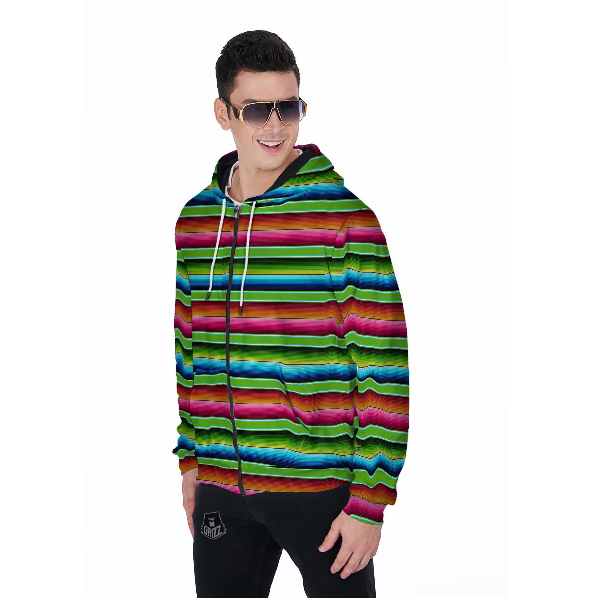 Green Baja Serape Men's Zip Up Hoodie-grizzshop