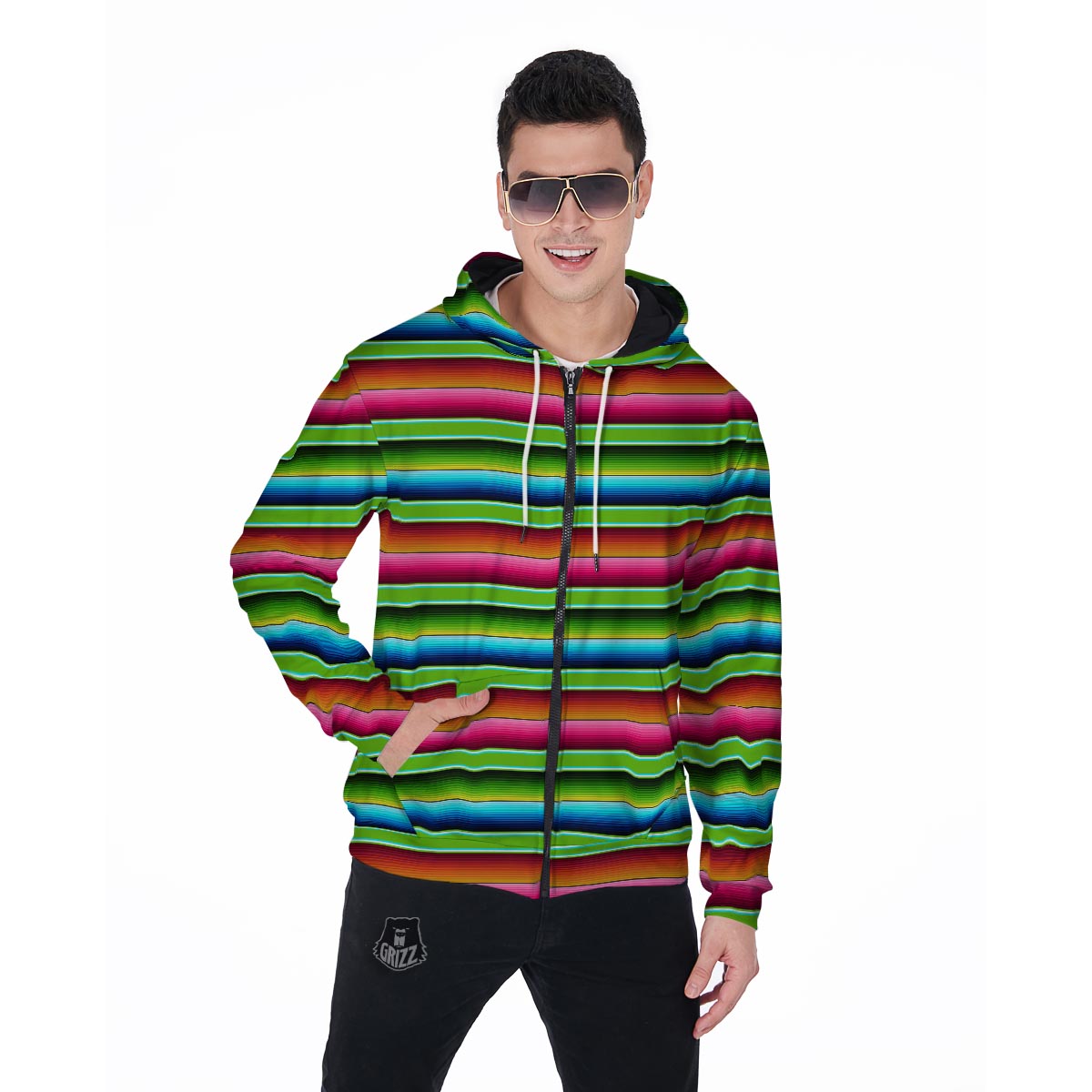 Green Baja Serape Men's Zip Up Hoodie-grizzshop