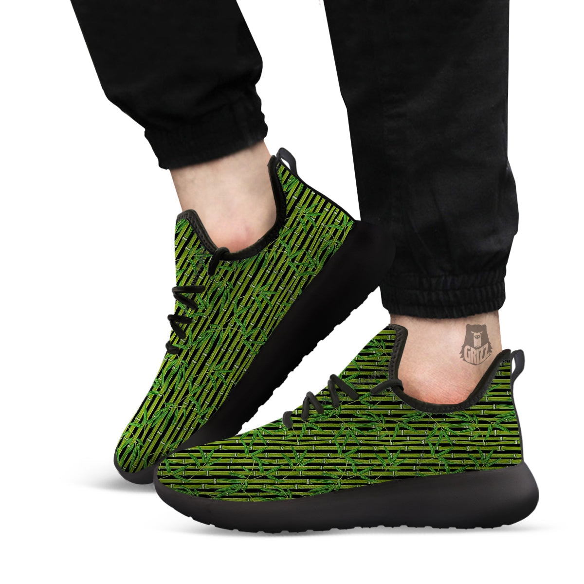 Green Bamboo And Leaves Print Pattern Black Athletic Shoes-grizzshop