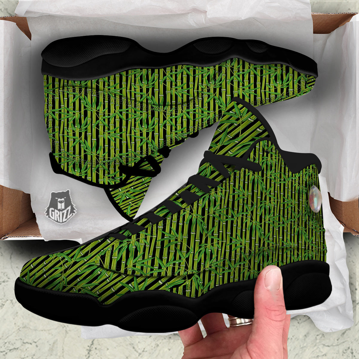 Green Bamboo And Leaves Print Pattern Black Basketball Shoes-grizzshop