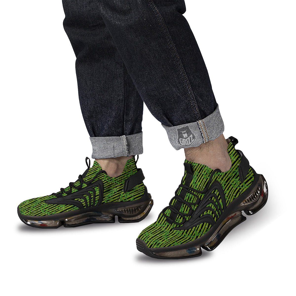 Green Bamboo And Leaves Print Pattern Black Gym Shoes-grizzshop