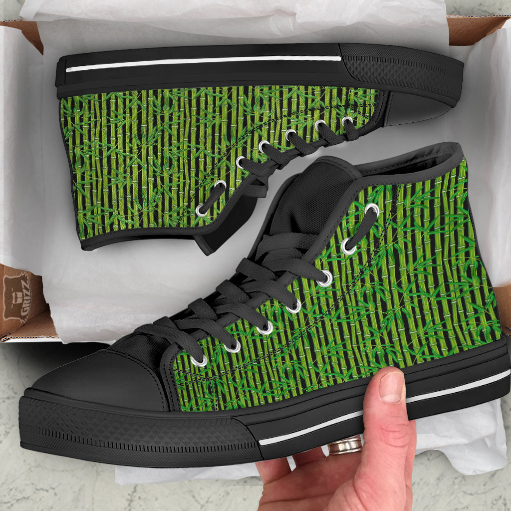 Green Bamboo And Leaves Print Pattern Black High Top Shoes-grizzshop