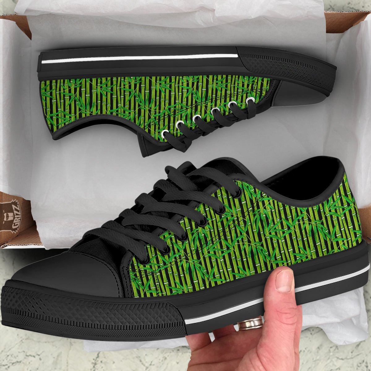 Green Bamboo And Leaves Print Pattern Black Low Top Shoes-grizzshop