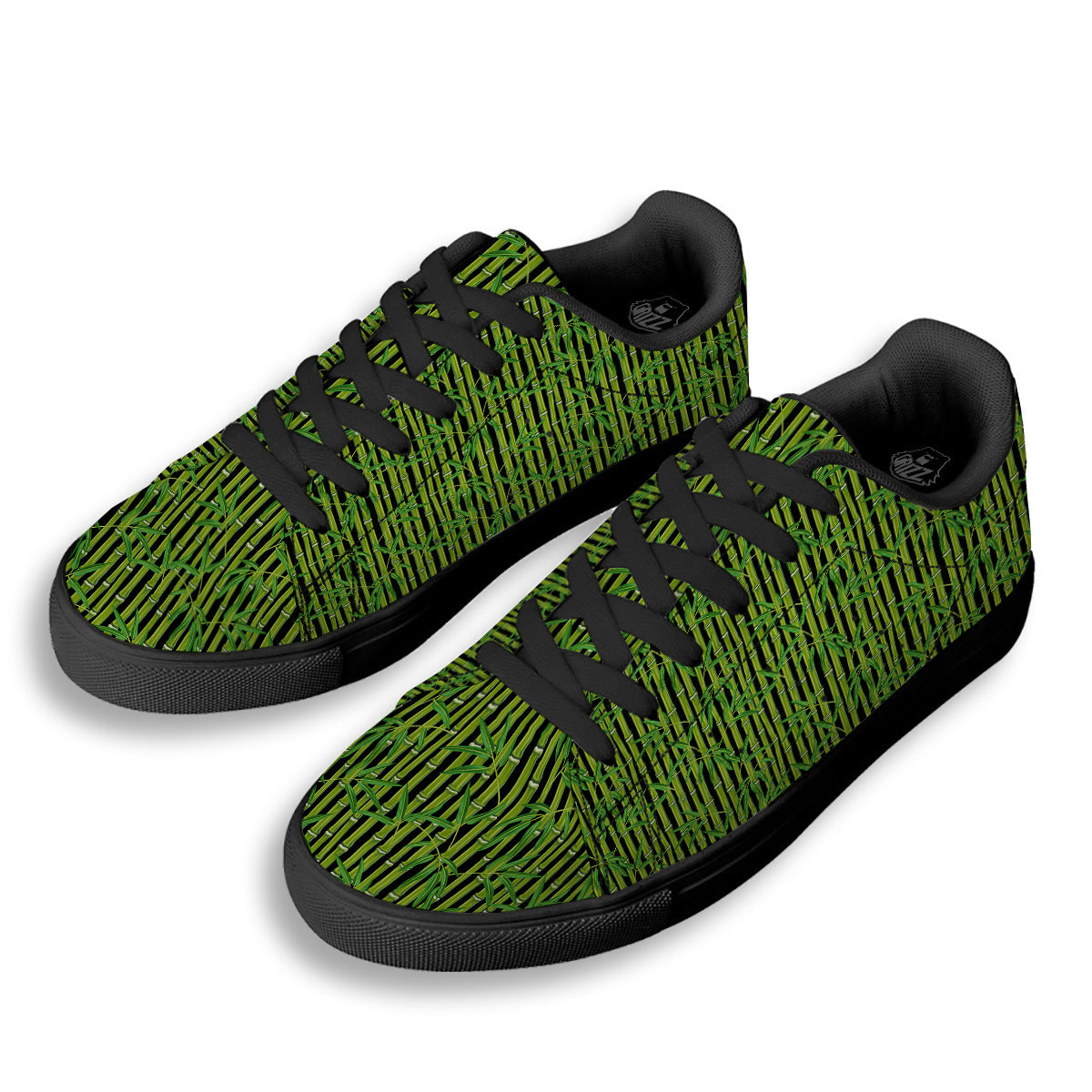Green Bamboo And Leaves Print Pattern Black Low Top Sneakers-grizzshop