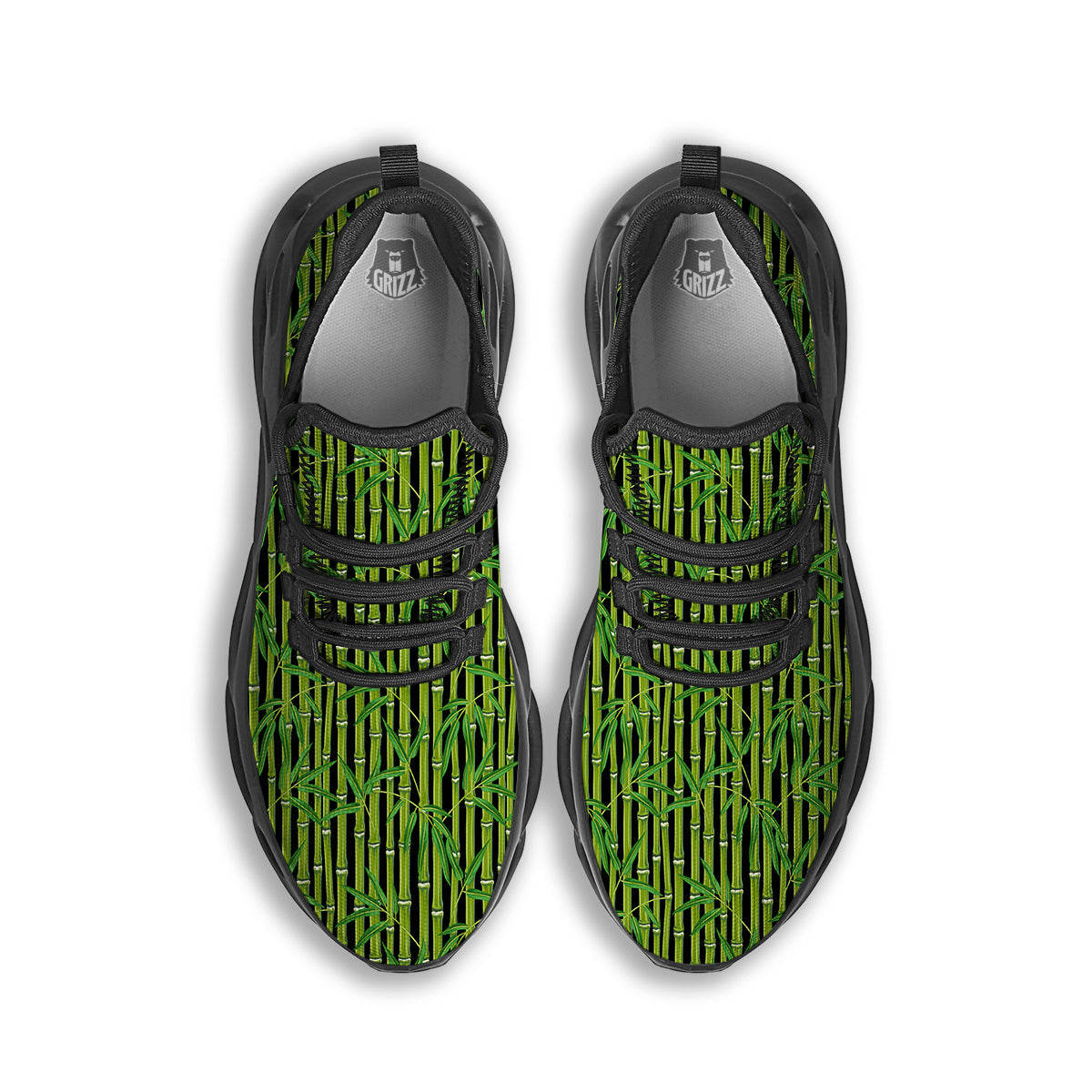 Green Bamboo And Leaves Print Pattern Black Running Shoes-grizzshop