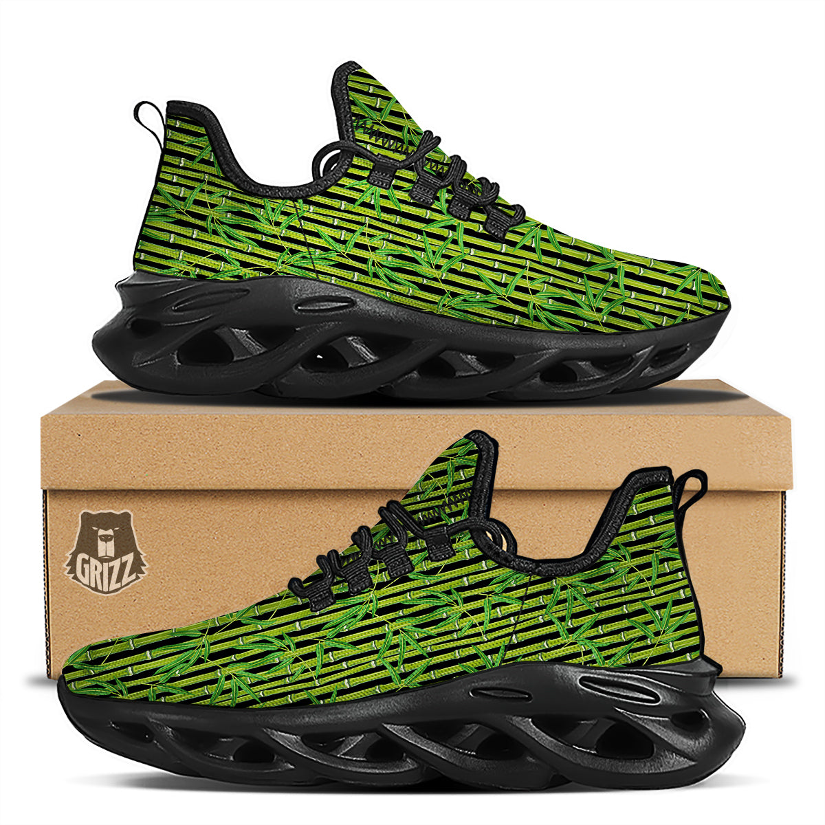 Green Bamboo And Leaves Print Pattern Black Running Shoes-grizzshop