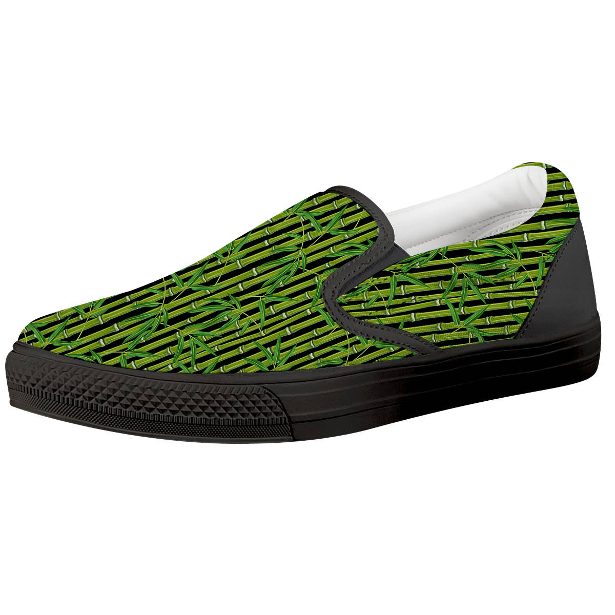 Green Bamboo And Leaves Print Pattern Black Slip On Shoes-grizzshop