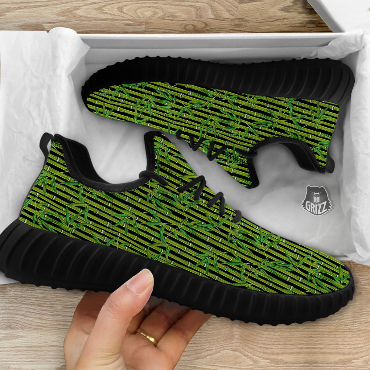 Green Bamboo And Leaves Print Pattern Black Walking Shoes-grizzshop