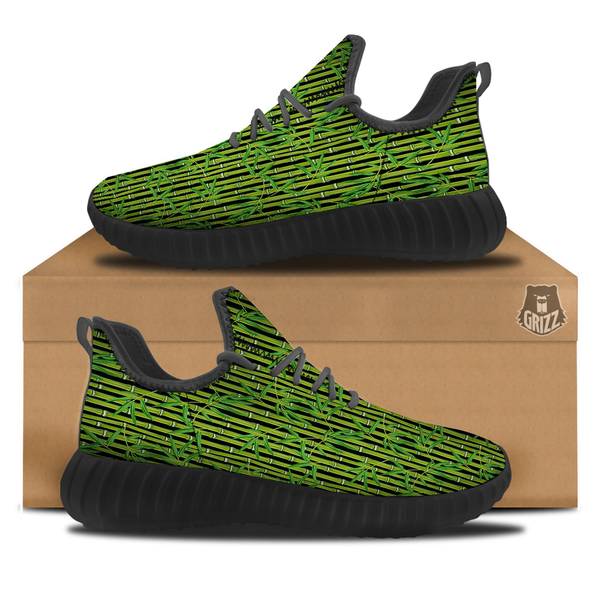 Green Bamboo And Leaves Print Pattern Black Walking Shoes-grizzshop