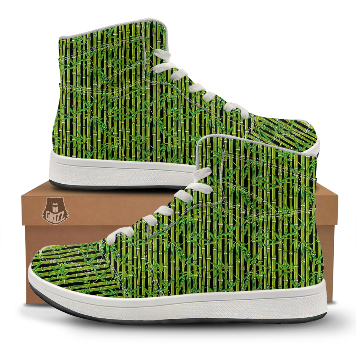 Green Bamboo And Leaves Print Pattern High Top Sneakers-grizzshop