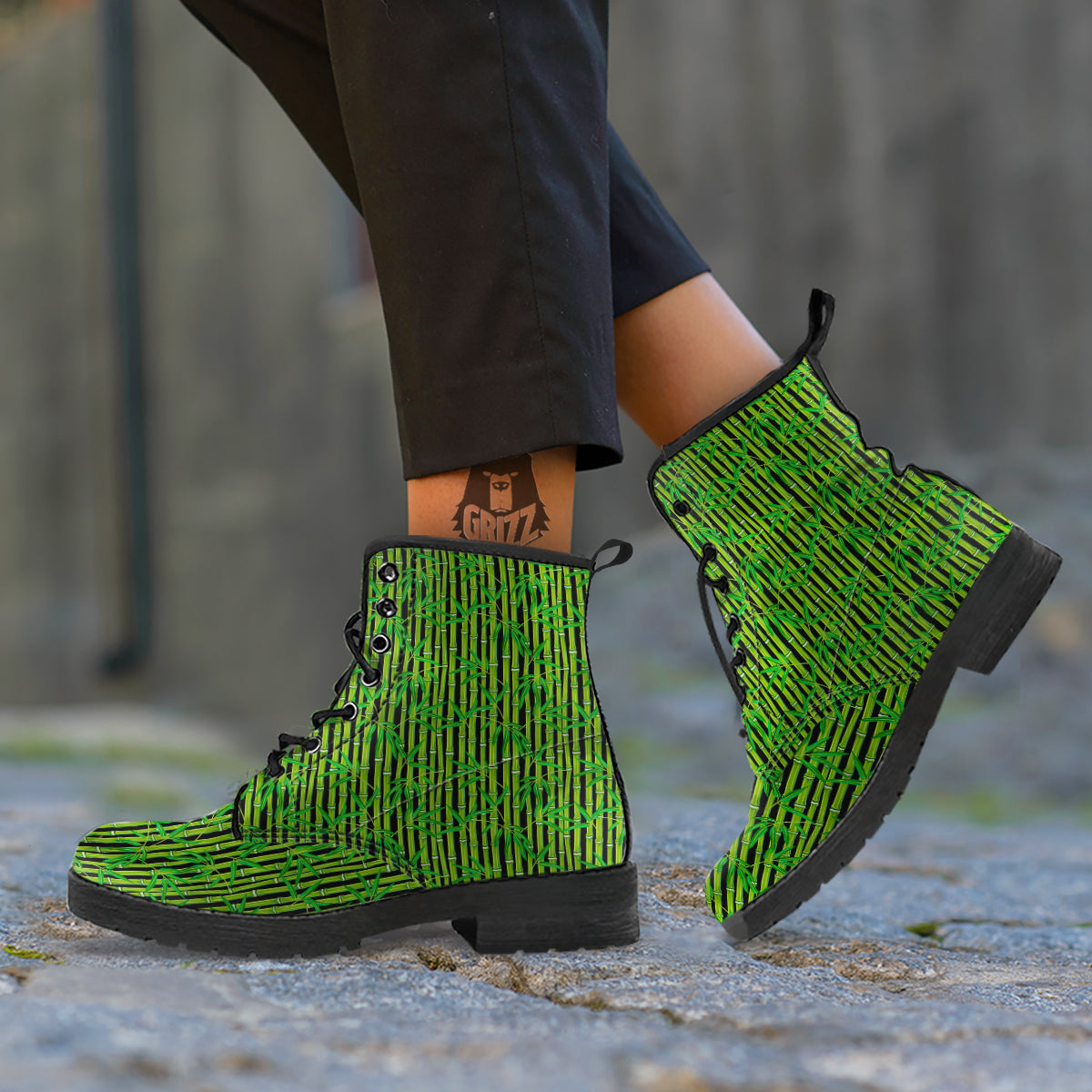 Green Bamboo And Leaves Print Pattern Leather Boots-grizzshop