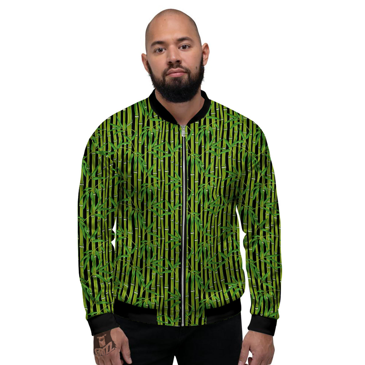 Green Bamboo And Leaves Print Pattern Men's Bomber Jacket-grizzshop