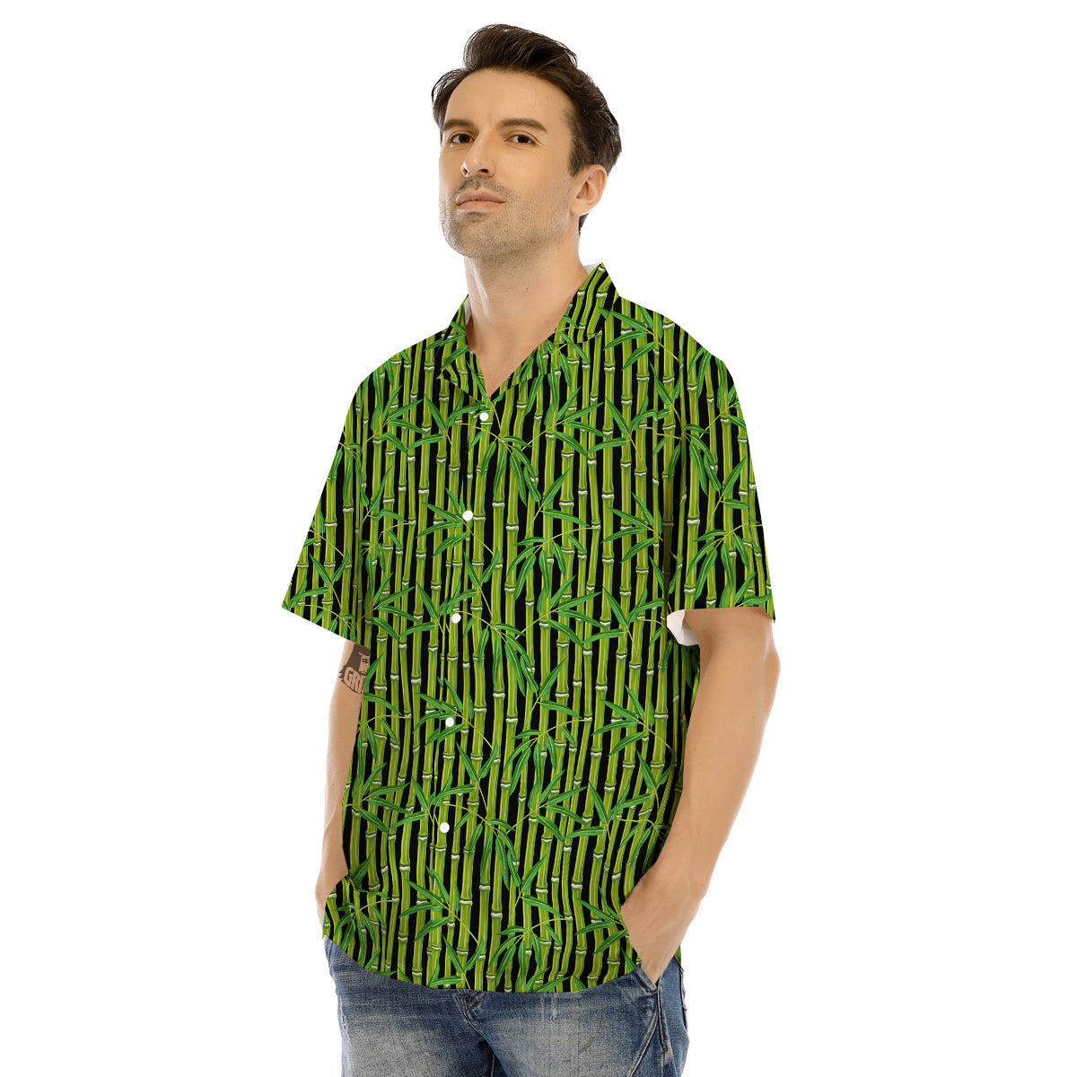 Green Bamboo And Leaves Print Pattern Men's Hawaiian Shirt-grizzshop