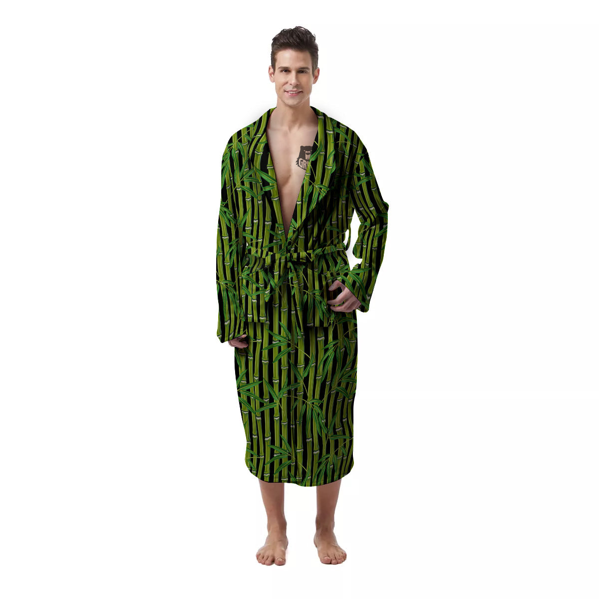 Green Bamboo And Leaves Print Pattern Men's Robe-grizzshop