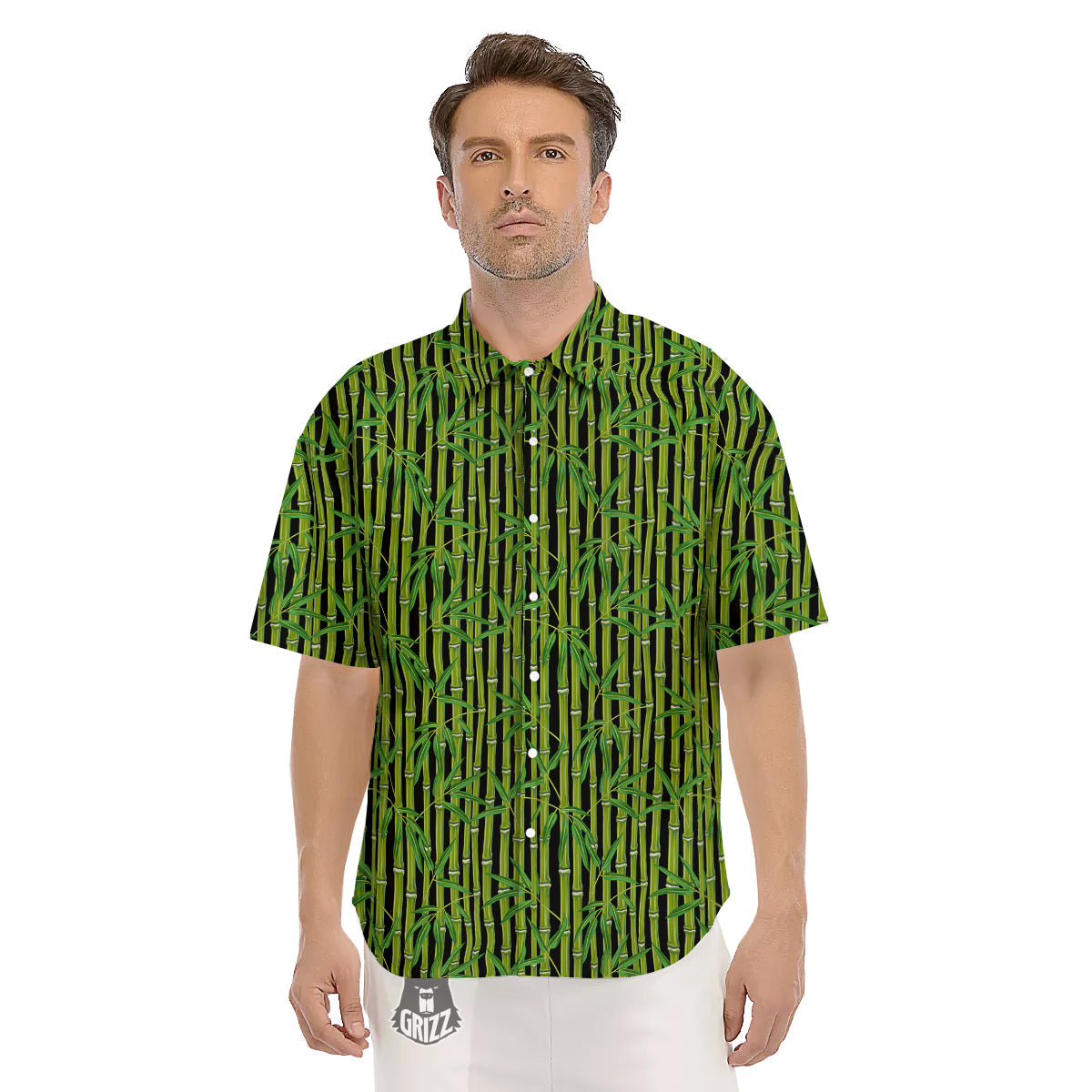 Green Bamboo And Leaves Print Pattern Men's Short Sleeve Shirts-grizzshop