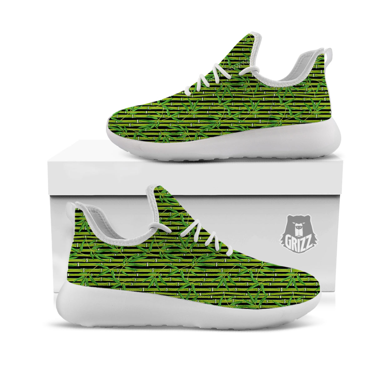 Green Bamboo And Leaves Print Pattern White Athletic Shoes-grizzshop