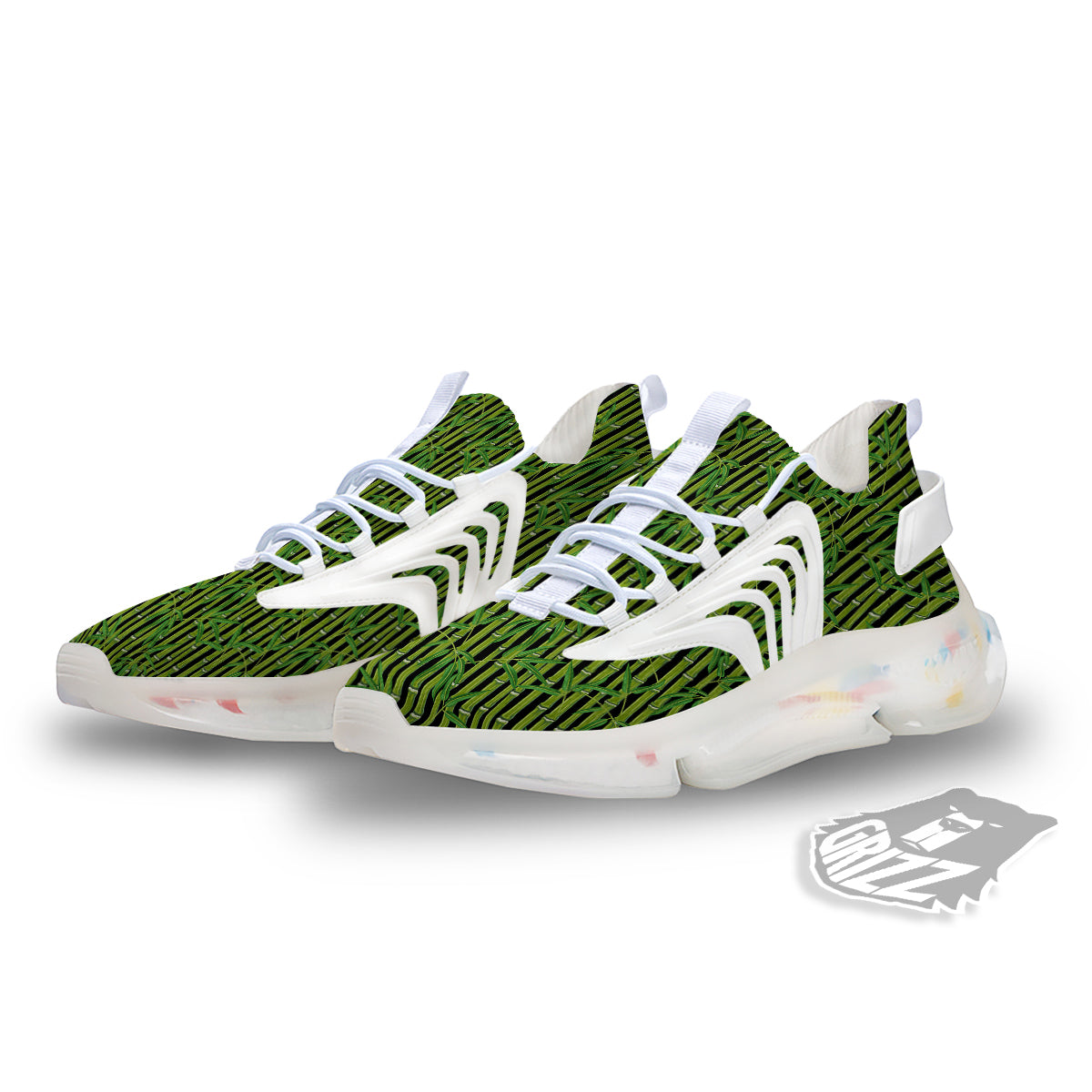 Green Bamboo And Leaves Print Pattern White Gym Shoes-grizzshop