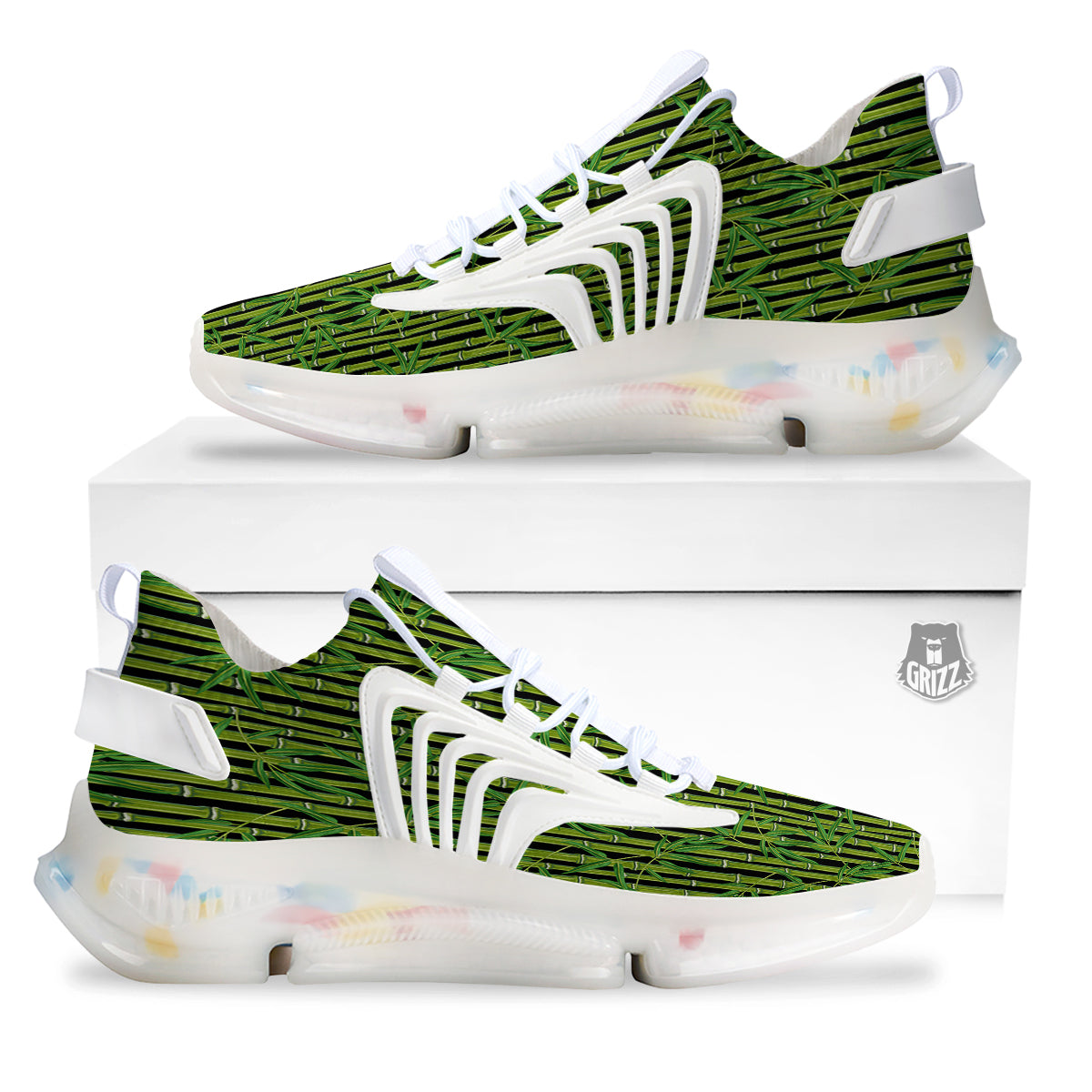 Green Bamboo And Leaves Print Pattern White Gym Shoes-grizzshop