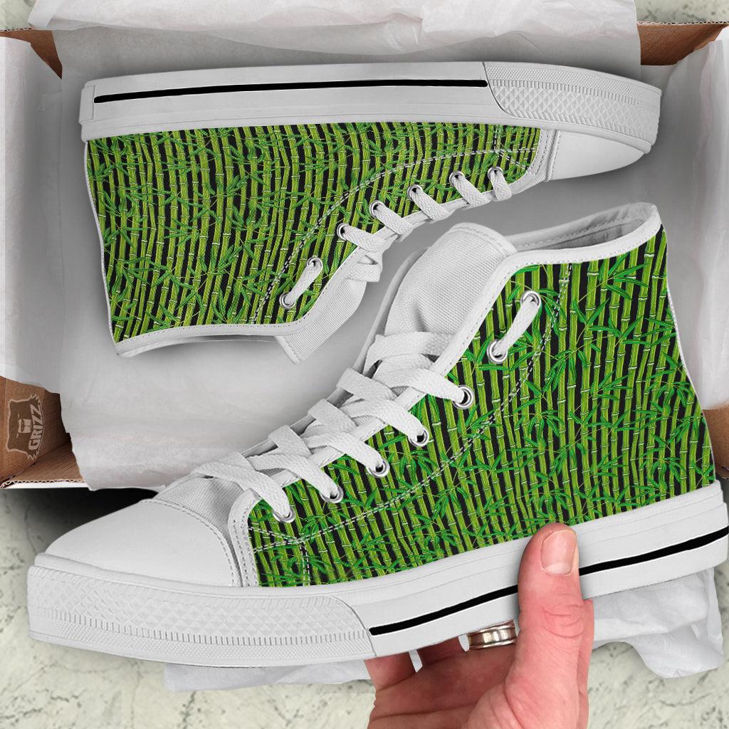 Green Bamboo And Leaves Print Pattern White High Top Shoes-grizzshop