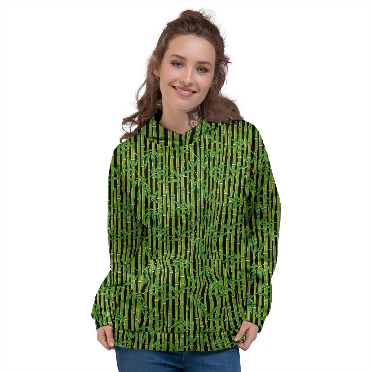 Green Bamboo And Leaves Print Pattern Women's Hoodie-grizzshop