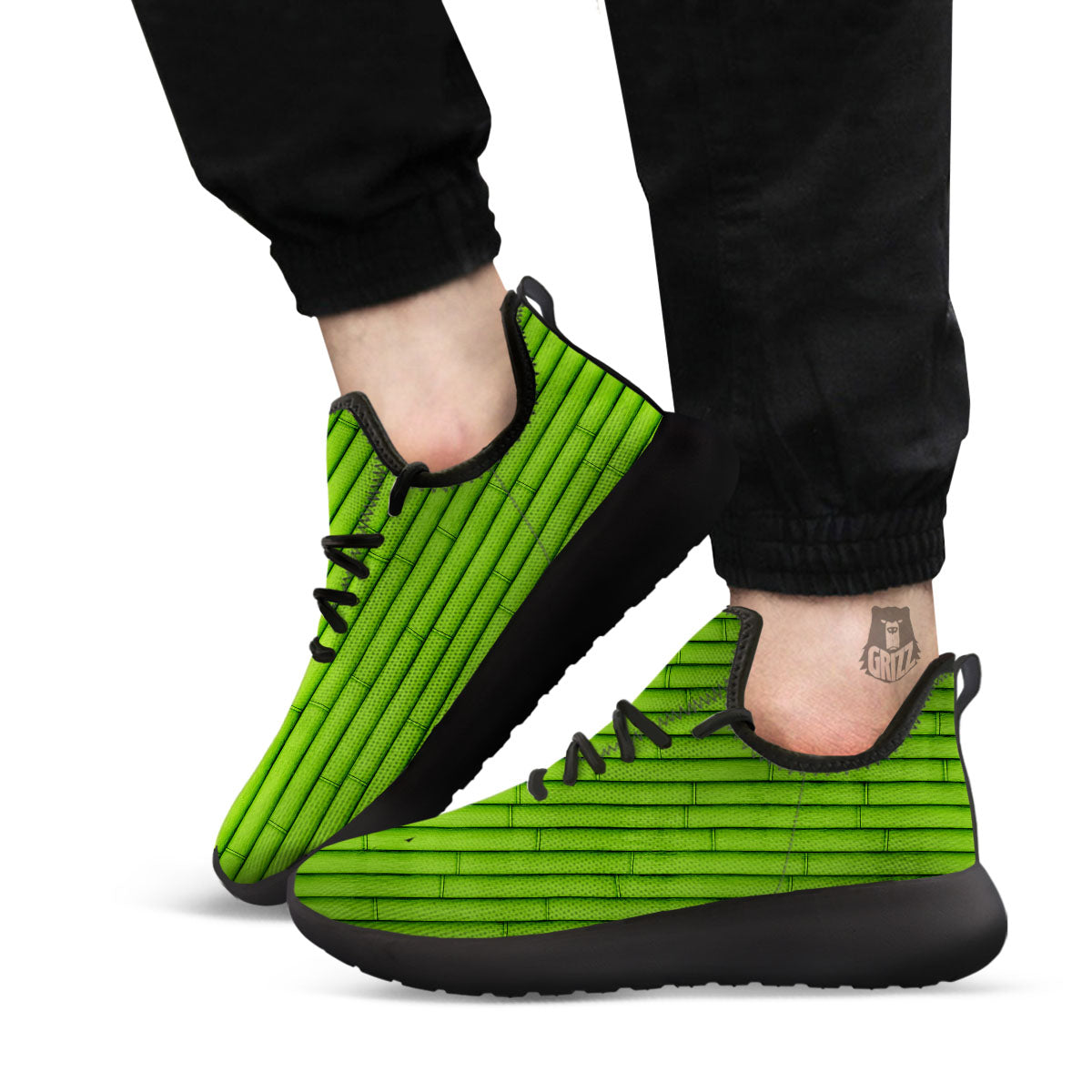 Green Bamboo Print Black Athletic Shoes-grizzshop