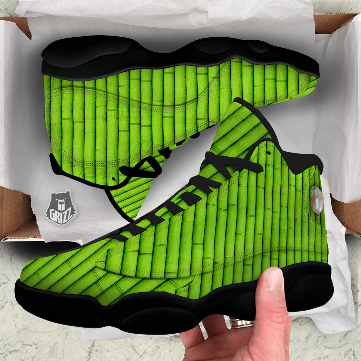 Green Bamboo Print Black Basketball Shoes-grizzshop