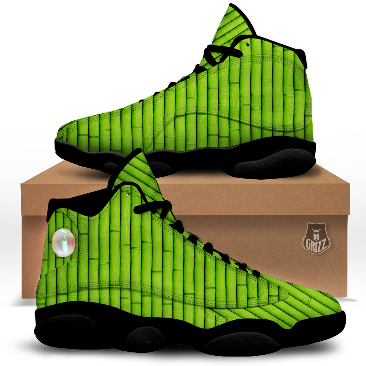 Green Bamboo Print Black Basketball Shoes-grizzshop