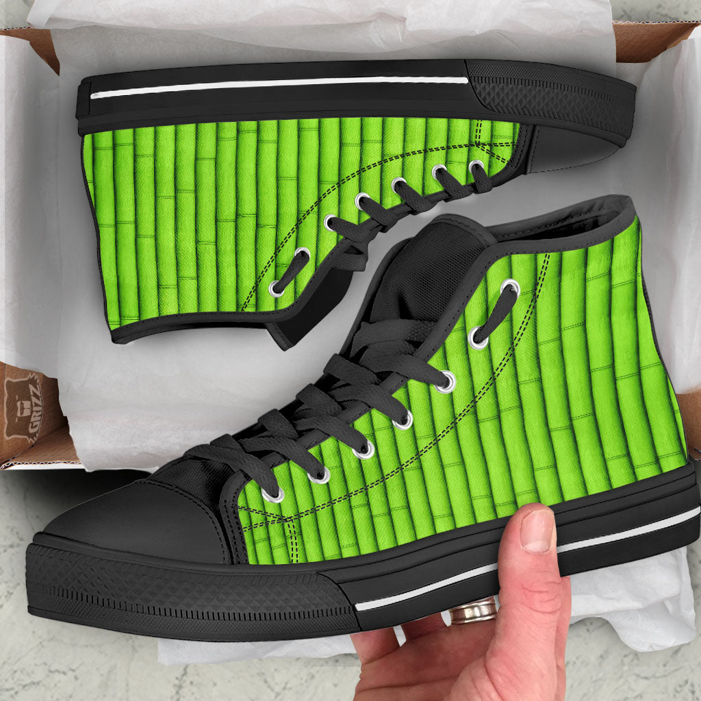 Green Bamboo Print Black High Top Shoes-grizzshop