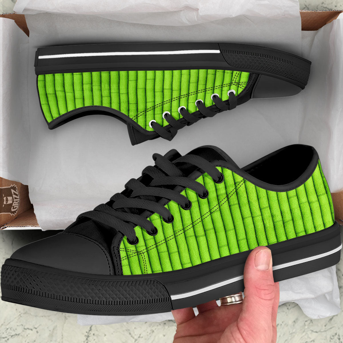 Green Bamboo Print Black Low Top Shoes-grizzshop
