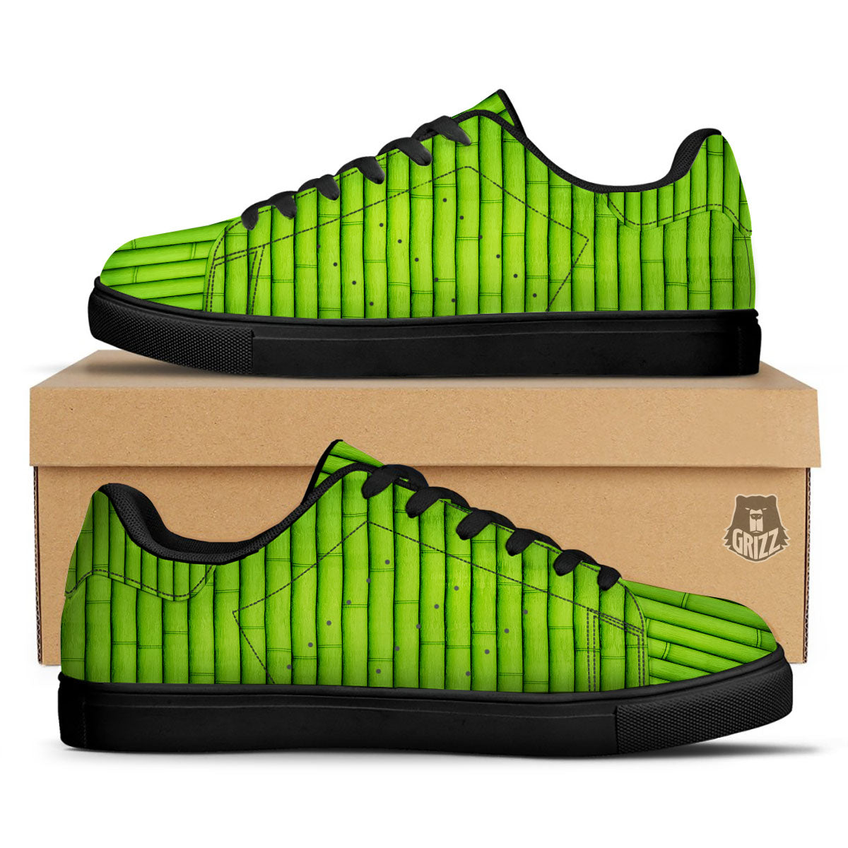 Green Bamboo Print Black Low Top Sneakers-grizzshop
