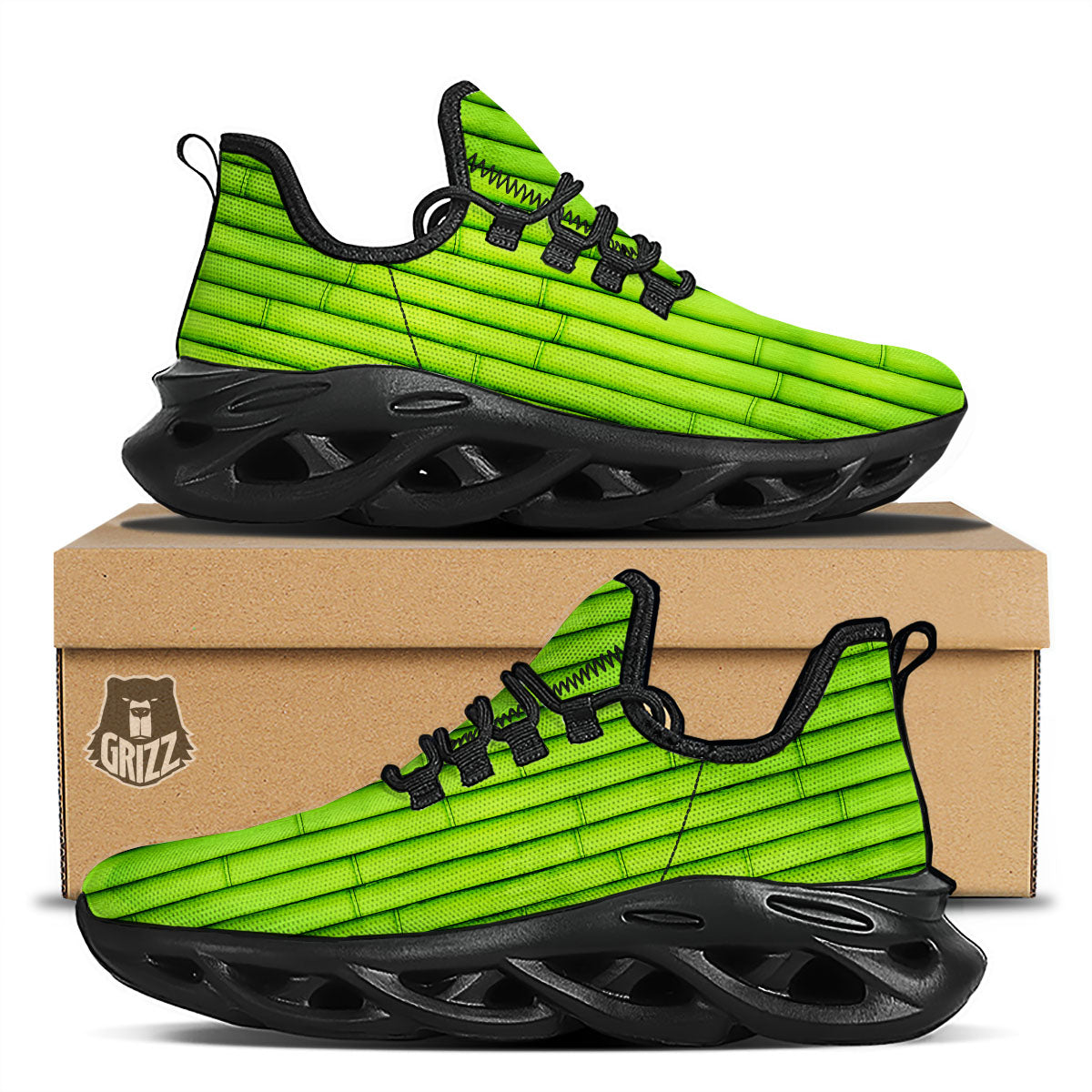 Green Bamboo Print Black Running Shoes-grizzshop