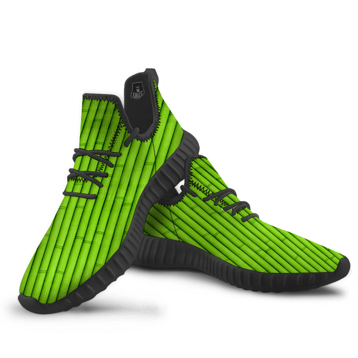 Green Bamboo Print Black Walking Shoes-grizzshop
