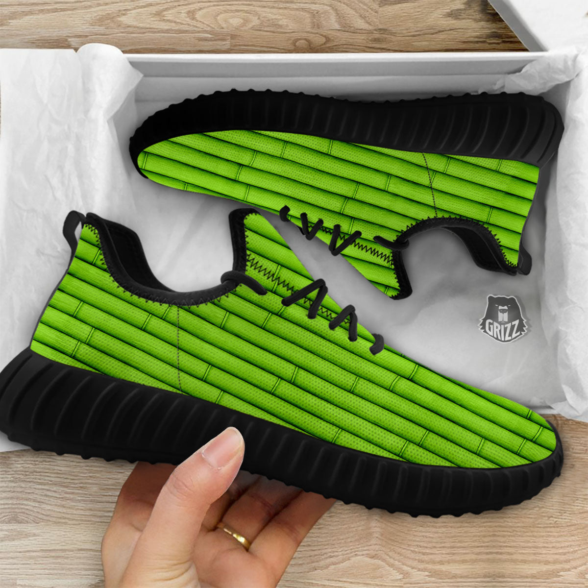 Green Bamboo Print Black Walking Shoes-grizzshop