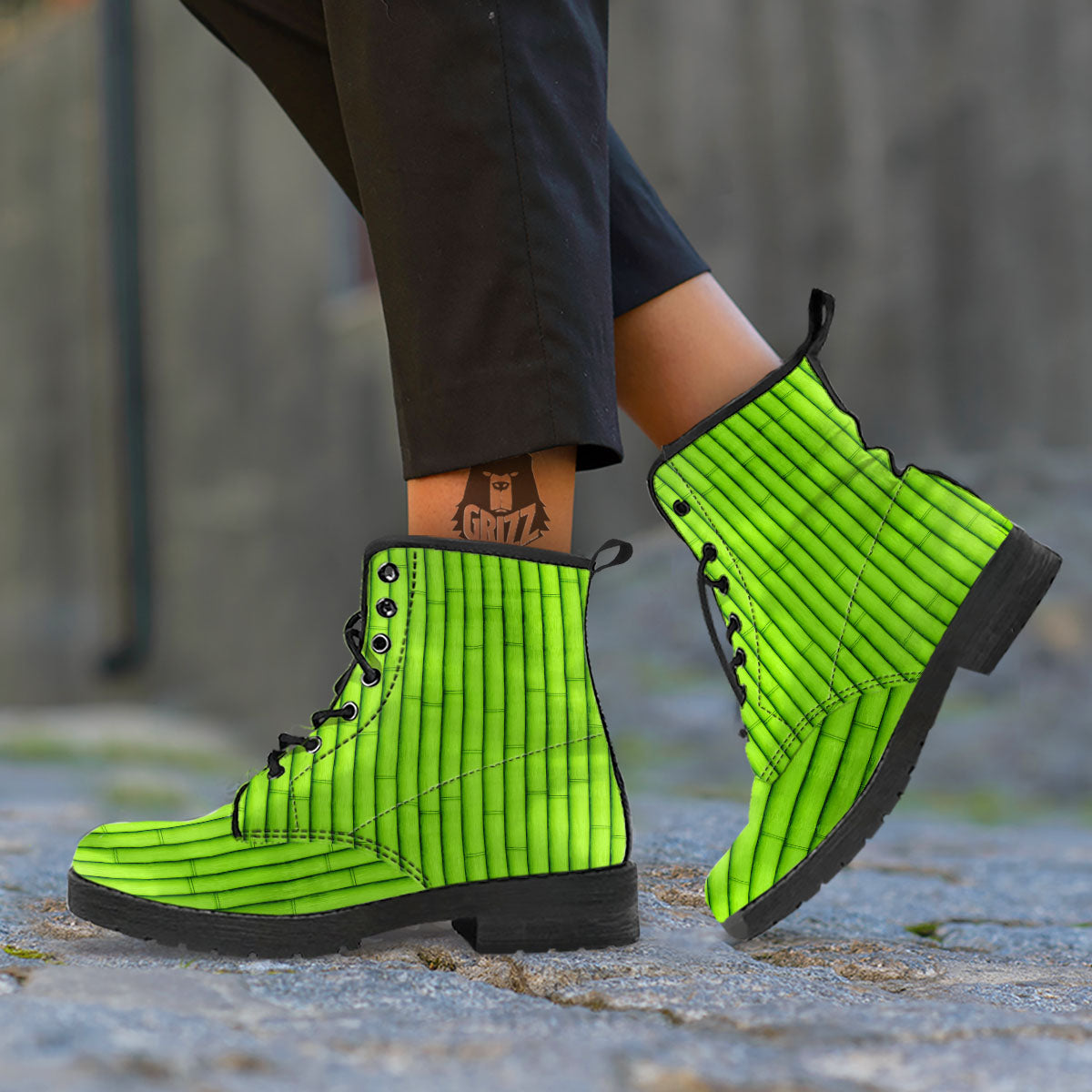Green Bamboo Print Leather Boots-grizzshop