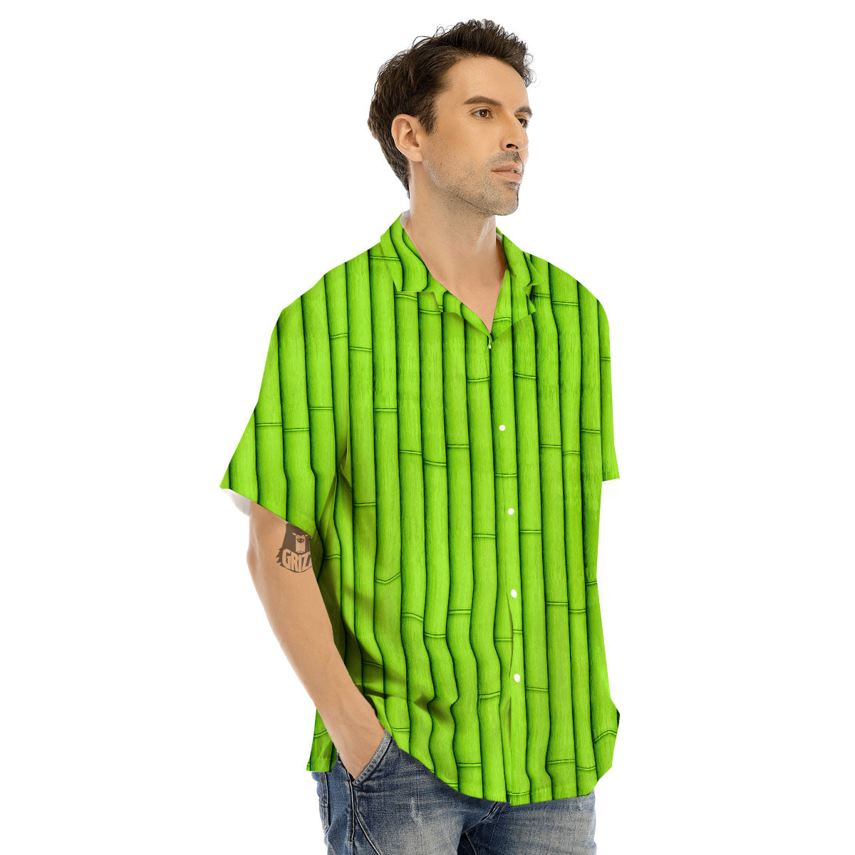 Green Bamboo Print Men's Hawaiian Shirt-grizzshop