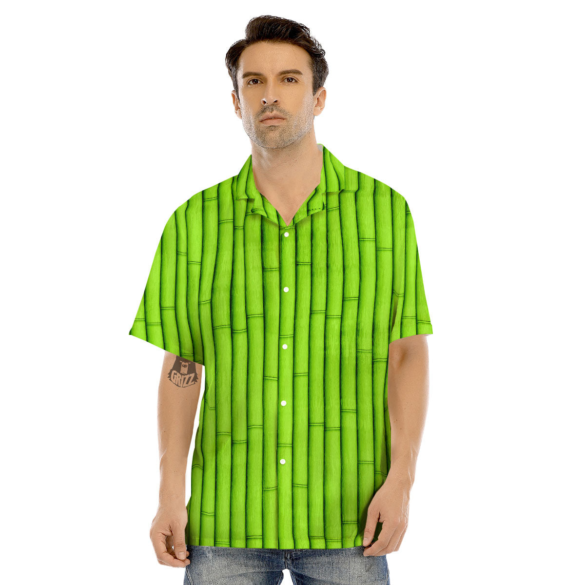 Green Bamboo Print Men's Hawaiian Shirt-grizzshop