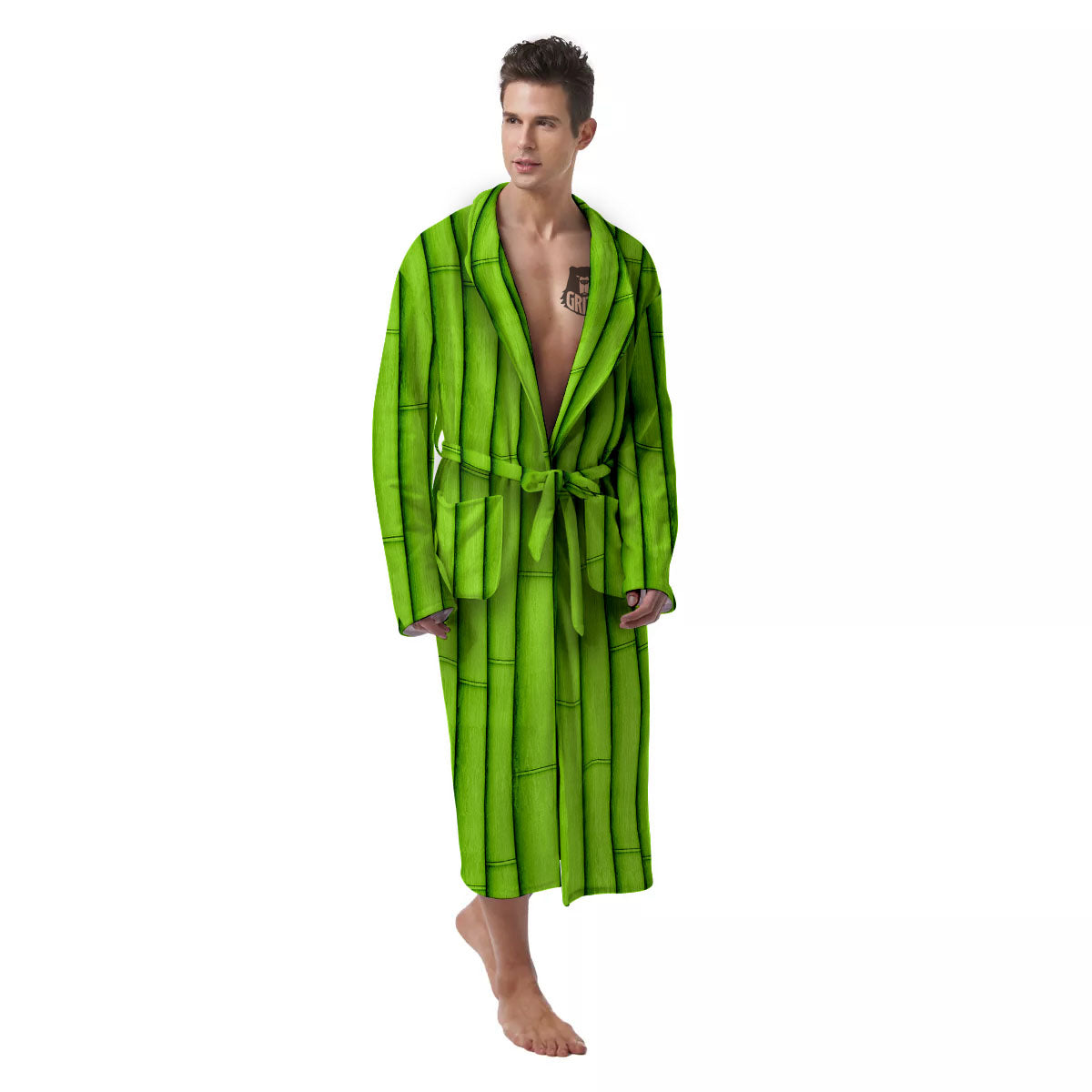 Green Bamboo Print Men's Robe-grizzshop