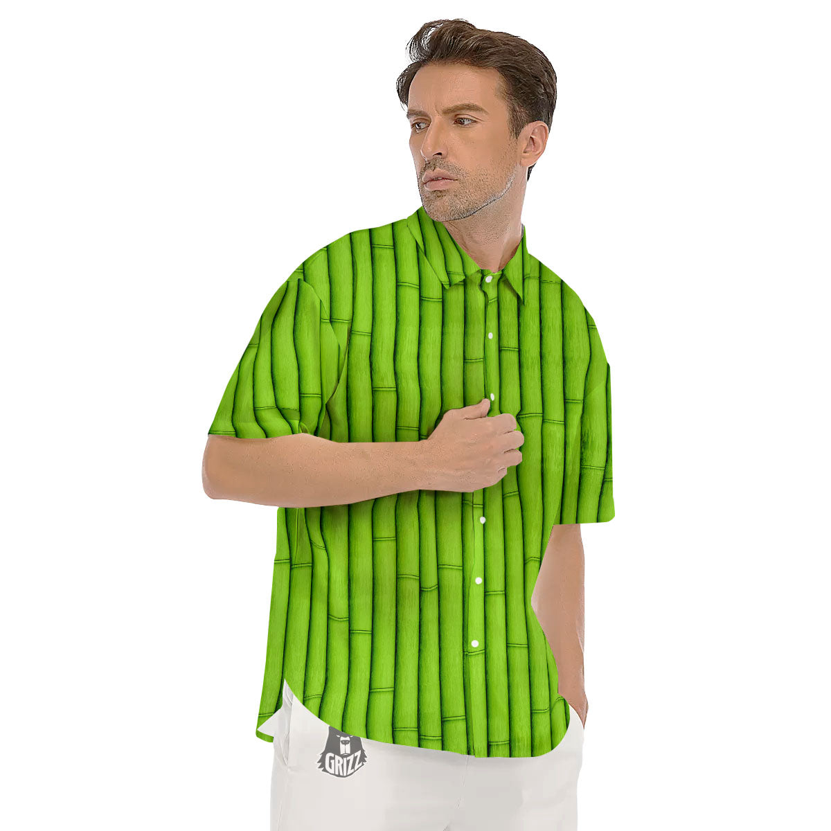 Green Bamboo Print Men's Short Sleeve Shirts-grizzshop