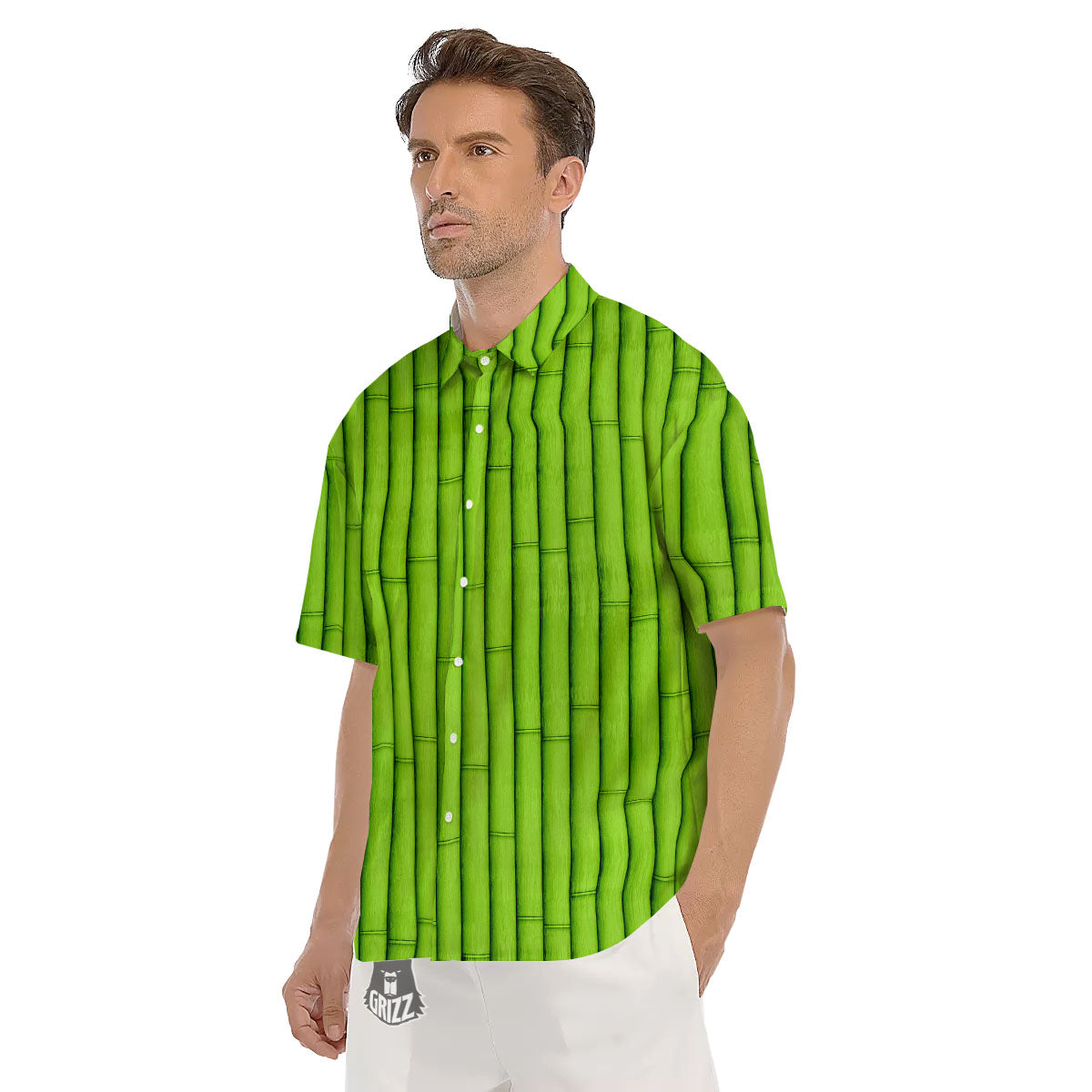 Green Bamboo Print Men's Short Sleeve Shirts-grizzshop